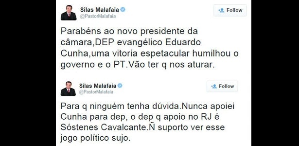 20.ago.2015 - Pastor Silas Malafaia se contradiz sobre seu apoio a Eduardo Cunha em mensagens na rede social Twitter - Reprodução