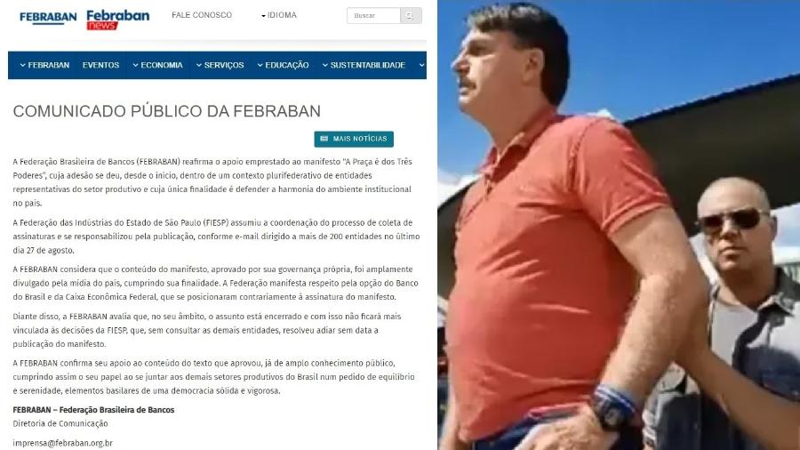 Nota da Febraban reafirmando a defesa da democracia e imagem do Jair Bolsonaro a discursar em manifestação em defesa do golpe em frente ao QG do Exército, em Brasília, no dia 19 de abril do ano passado - Reprodução; Reprodução/TV Globo