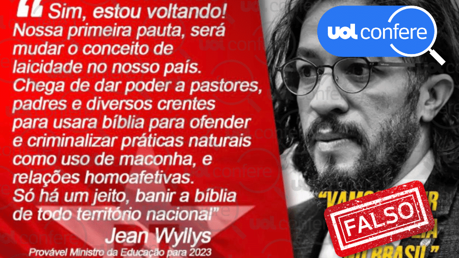 4.nov.2022 - Não há registros da suposta fala de Jean Wyllys em portais de notícias confiáveis, nem em suas redes sociais oficiais - Arte/UOL sobre Reprodução/Facebook