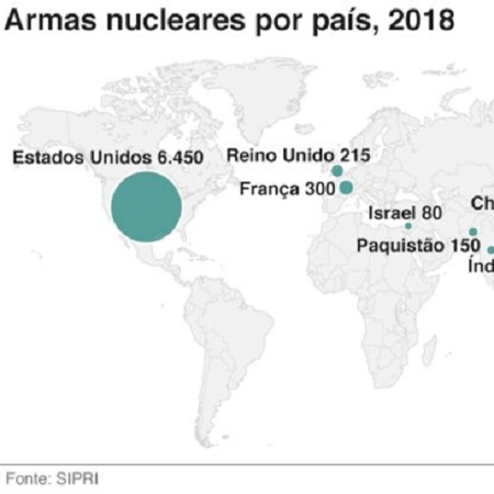 Mapa mundi com dados do número de armas nucleares por país em 2018 - BBC