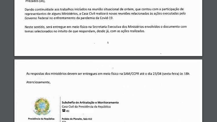 E-mail enviado pela Casa Civil no dia 21/04/2021 para pedir respostas às acusações que o governo Bolsonaro enfrenta no curso da pandemia - Reprodução - Reprodução