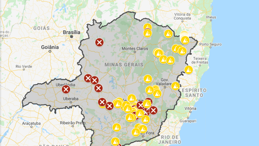 Mapa das interdições em rodovias de Minas Gerais mantido pelo Comando de Policiamento Rodoviário - CPRv em conjunto com a PRF - Reprodução
