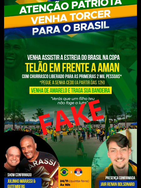 Convite para evento fake durante jogo do Brasil, à frente da Aman (A palavra "fake" foi incluída pela coluna)  - Reprodução