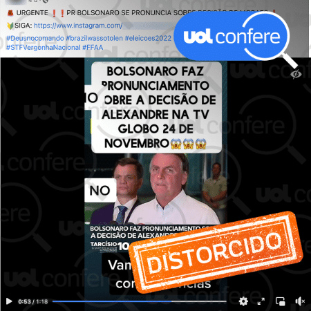 28.nov.2022 - Fala de Bolsonaro sobre Moraes não é recente nem tem em relação a discurso do PL -  Arte/UOL sobre Reprodução/Facebook