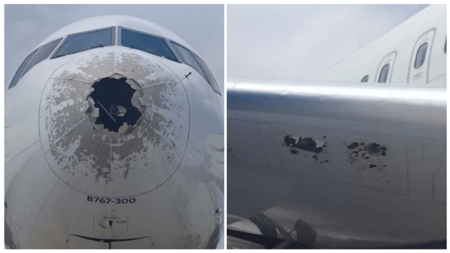 Poucos minutos após a decolagem, o avião foi apanhado por uma turbulência muito forte com queda de granizo