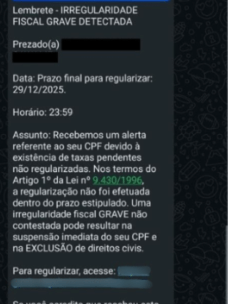 Golpe enviado pelo WhatsApp pede pagamento de taxa para regularização de CPF
