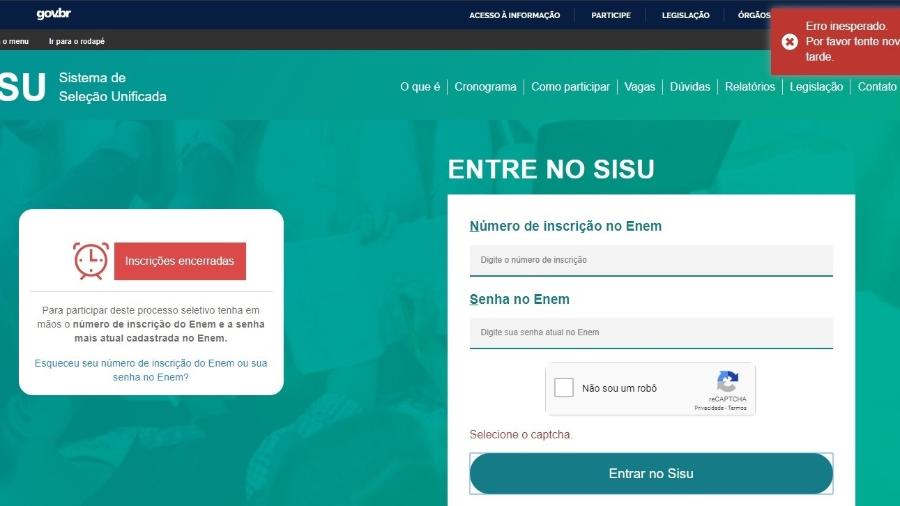 Mensagem de "erro inesperado" após tentativa de login no site do Sisu - Reprodução/Site do Sisu