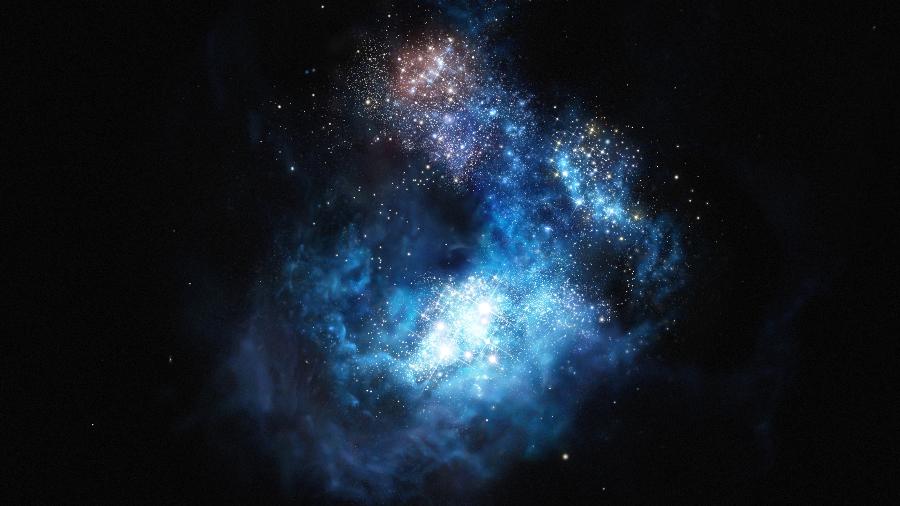Imagem artística da galáxia distante CR7, descoberta com o uso do Very Large Telescope do ESO, um dos maiores telescópios do mundo - ESO/M. Kornmesser