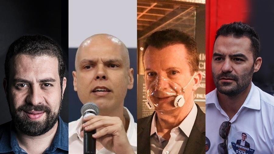 A partir da esq., Guilherme Boulos, Bruno Covas, Celso Russomanno e Arthur do Val, candidatos à Prefeitura de São Paulo - Arte/UOL