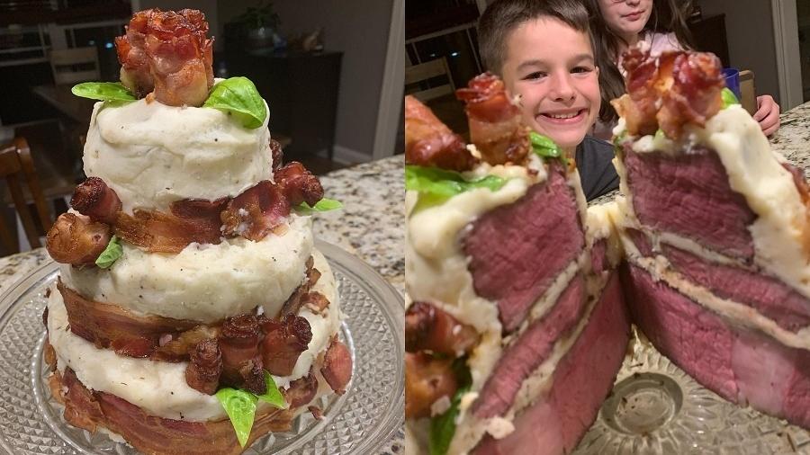 O "bolo" de aniversário inusitado foi feito com filé mignon, bife de lombo e uma base de costela nobre - Reprodução/Facebook/Jeff Janes