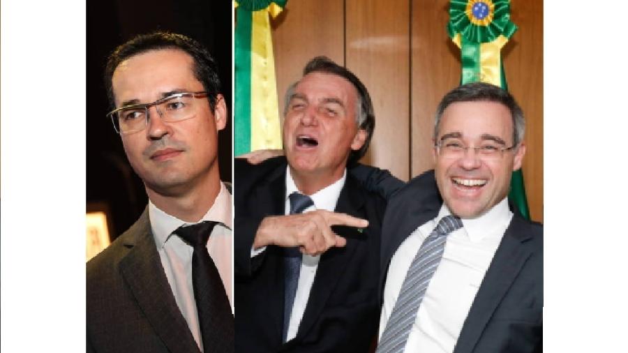 Deltan Dallangol, que chama a farsa do PowePoint de "erro de cálculo", e Bolsonaro abraçado a André Mendonça. O comportamento é absolutamente impróprio - Zanone Fraissat/Folhapress; Alan Santos/PR