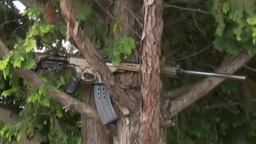 Arma de alto calibre foi deixada em árvore após ataque no Paraná; três policiais foram feridos durante ação de criminosos - Reprodução/TV Globo