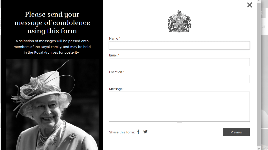 Formulário para o envio de condolências à família real após a morte da rainha Elizabeth 2ª - Reprodução/Site/www.royal.uk