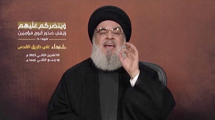 O líder do Hezbollah Sayyed Hassan Nasrallah em pronunciamento durante a guerra entre Israel e Hamas