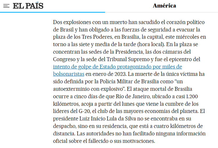 Atentado na praça dos Três Poderes foi repercutido pelo espanhol El País