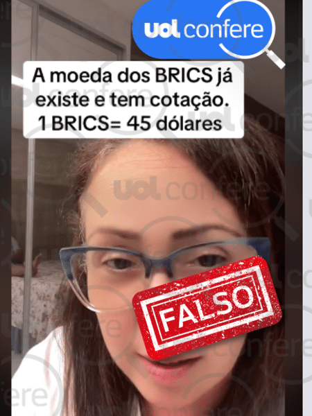 09.jan.2025 - Vídeo com suposta conversão da "moeda dos BRICS" para o dólar traz informação falsa, já que não há previsão de criação de nenhumamoeda oficial do bloco