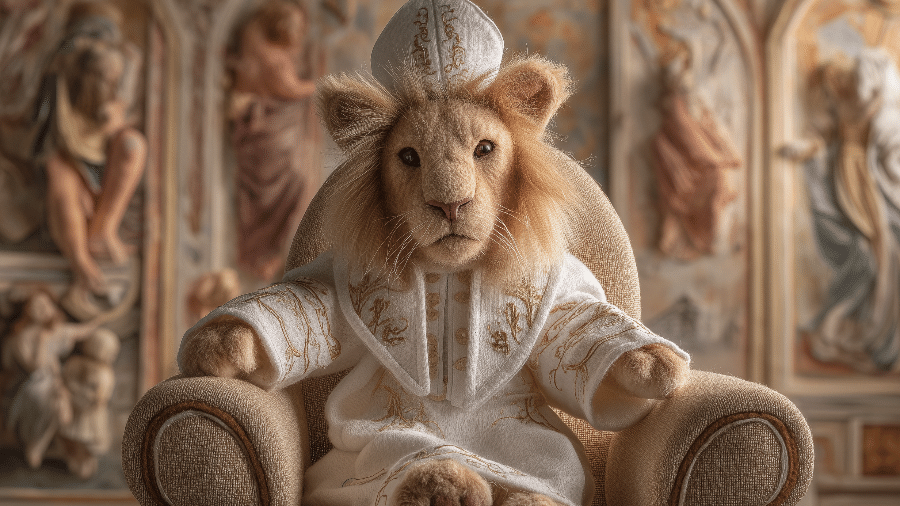 Imagem gerada por inteligência artificial de um leão de pelúcia usando roupas de papa Imagem gerada por inteligência artificial de um leão de pelúcia usando roupas de papa