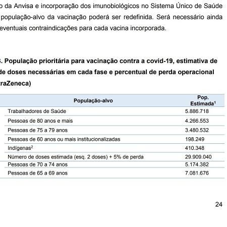 Trecho do plano de vacinação do governo federal que menciona apenas 410 mil indígenas no país - Reprodução - Reprodução