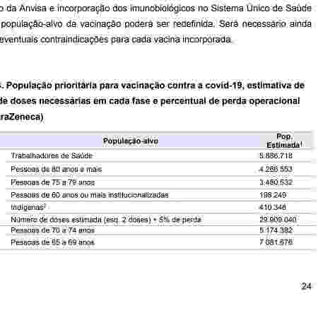 Trecho do plano de vacinação do governo federal que menciona apenas 410 mil indígenas no país - Reprodução - Reprodução