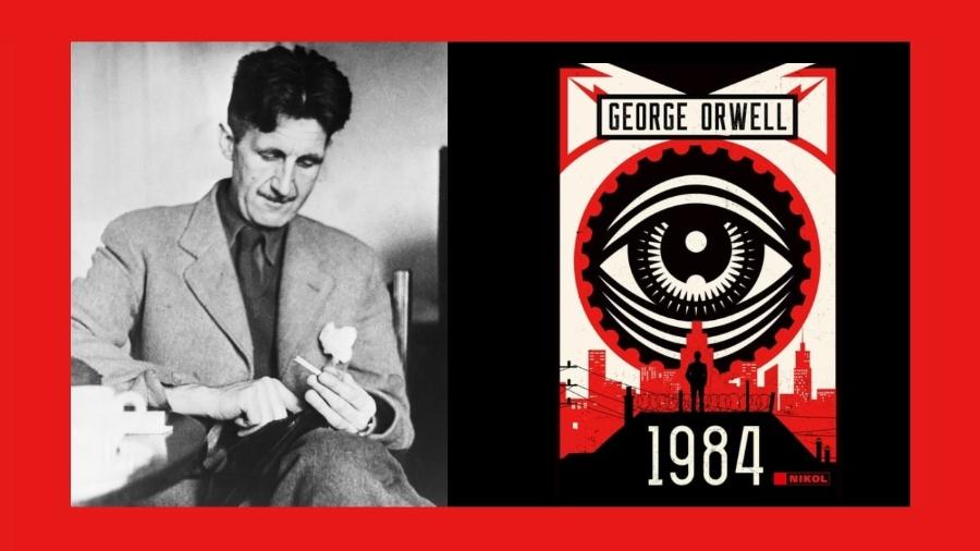 George Orwell e a capa de "1984", um de seus livros mais citados. Seria conveniente que o lessem também. De quem é mesmo aquele olho vigilante hoje em dia? - Reprodução