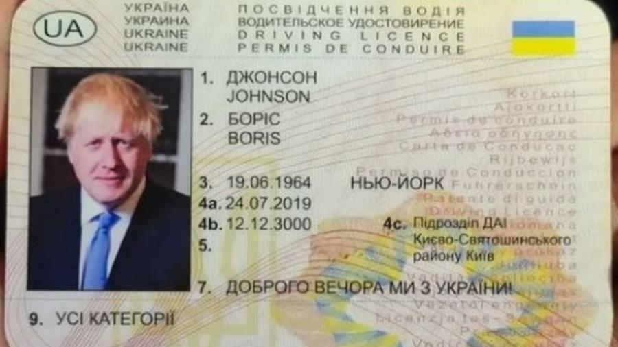 Carteira falsa de motorista associada a Boris Johnson, ex-primeiro-ministro do Reino Unido - Reprodução