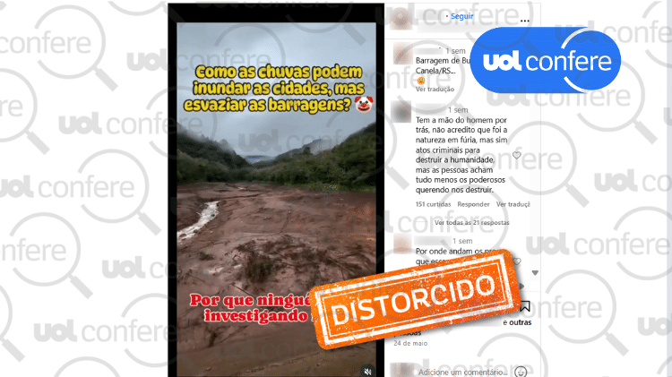 3.jun.2024 - Barragem de Bugres (RS) é da usina de Canastra, em Canela; barro do vídeo é o acumulado em período de chuvas