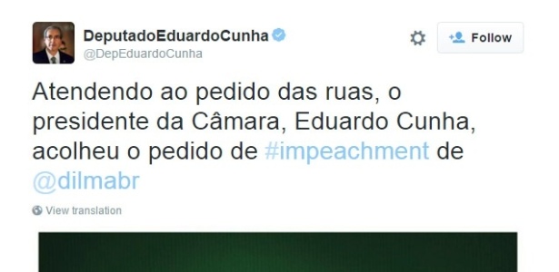  O presidente da Câmara Eduardo Cunha (PMDB-RJ) se manifestou no Twitter logo após acolher o pedido de impeachment contra a presidente Dilma Roussef - Reprodução