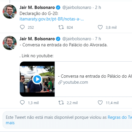 Tweet excluído de Bolsonaro - Reprodução/Twitter