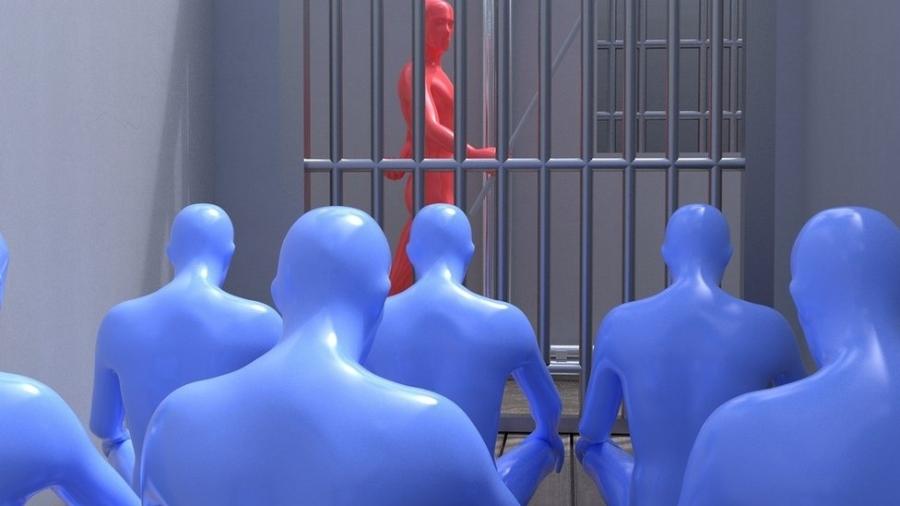 Imagem computadorizada do grupo Korea Future mostrando como vários detentos ficam supostamente confinados em cela em uma das prisões da Coreia do Norte - Korea Future