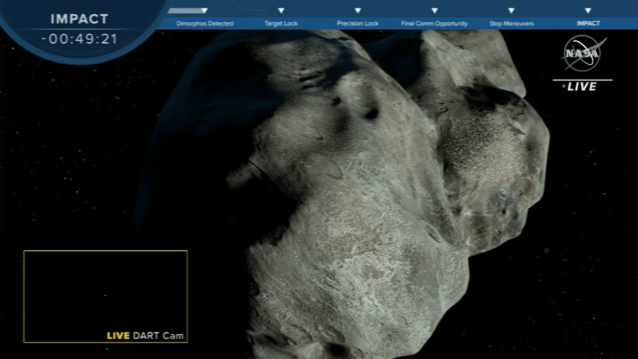 Simulação do impacto da DART na Dimorphos transmitida pela Nasa antes da colisão real - Reprodução/YouTube Nasa