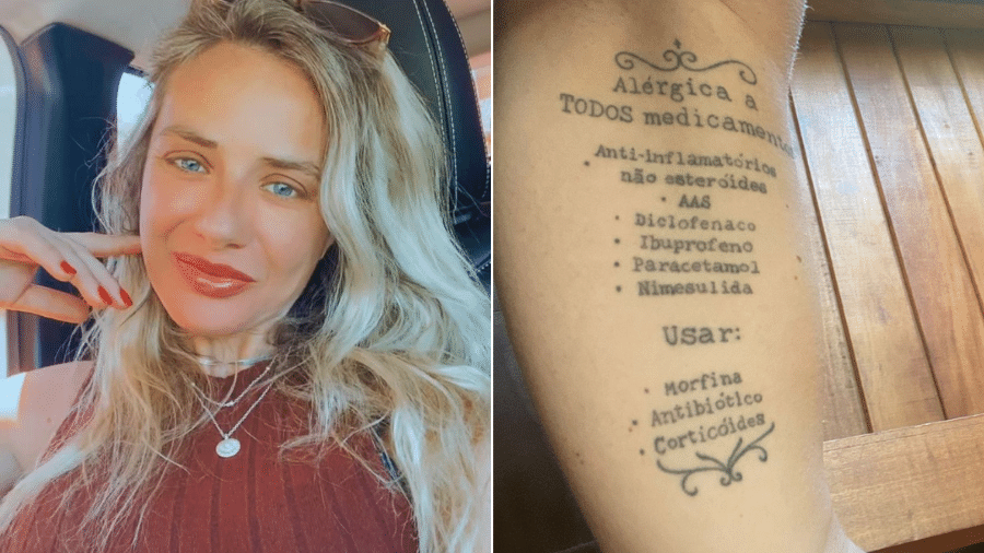 Amanda fez a tatuagem em 2018; desenho informa suas alergias