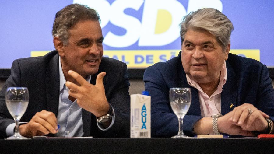 O apresentador José Luiz Datena ao lado de Aécio Neves em lançamento de pré-candidatura do jornalista