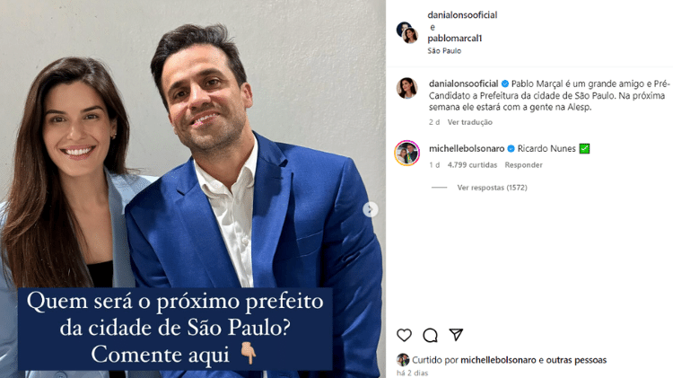 Comentário da ex-primeira-dama Michelle Bolsonaro em uma postagem do coach Pablo Marçal (PRTB)