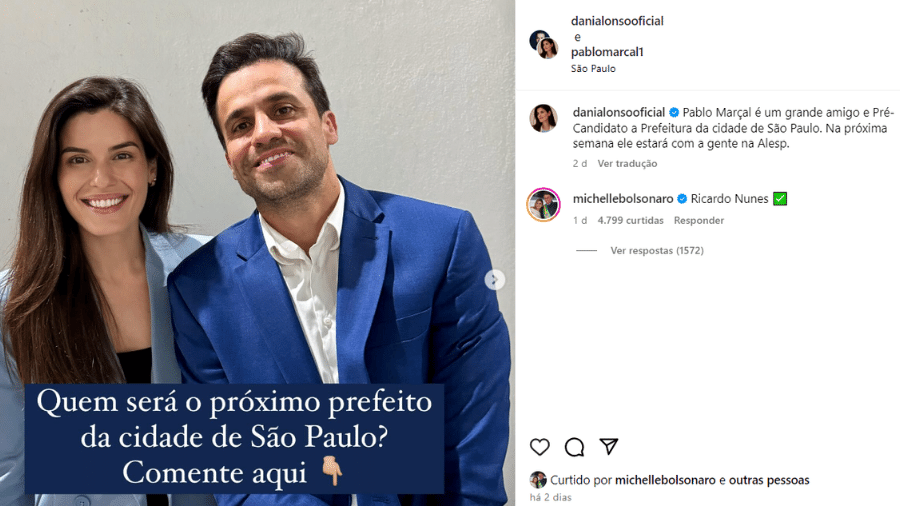 Comentário da ex-primeira-dama Michelle Bolsonaro em uma postagem do coach Pablo Marçal (PRTB)