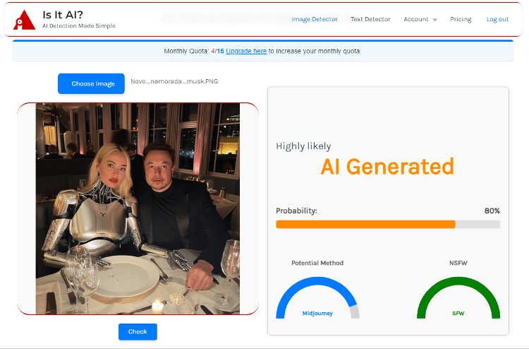 Site "Is it AI?" mostra que imagem de Musk e robô tem 80% de chance de ter sido gerada por inteligência artificial