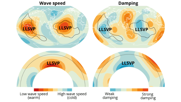 Localização dos LLSVPs e representação esquemática da seção transversal da Terra para velocidade e amortecimento das ondas sísmicas