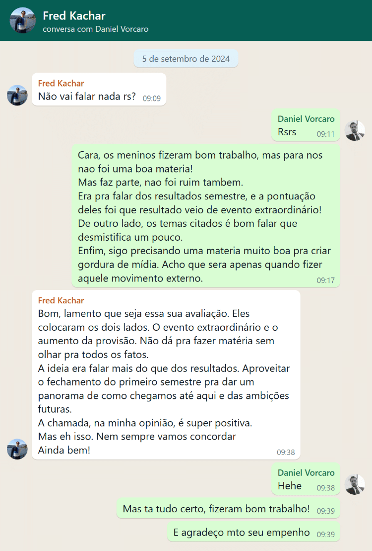 Conversa entre Daniel Vorcaro e Frederic Kachar sobre os dois lados de uma matéria