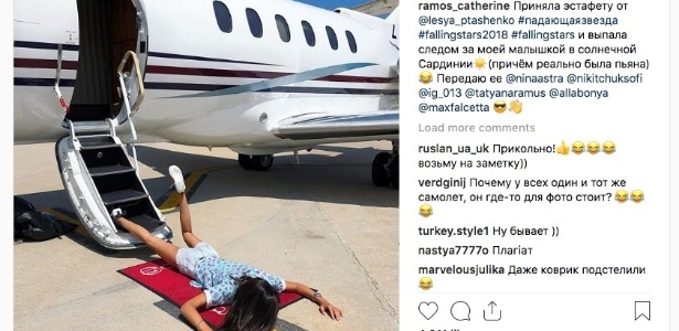 A modelo Ekaterina Hubarenko publicou uma foto em que havia aparentemente tropeçado ao sair de um jatinho e deu início ao desafio "Estrela cadente" - Reprodução/Instagram