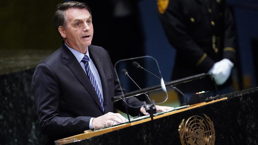 24.set.2019 - O presidente Jair Bolsonaro discursa na abertura da 74ª Assembleia Geral da ONU, em Nova York - Carlo Allegri/Reuters