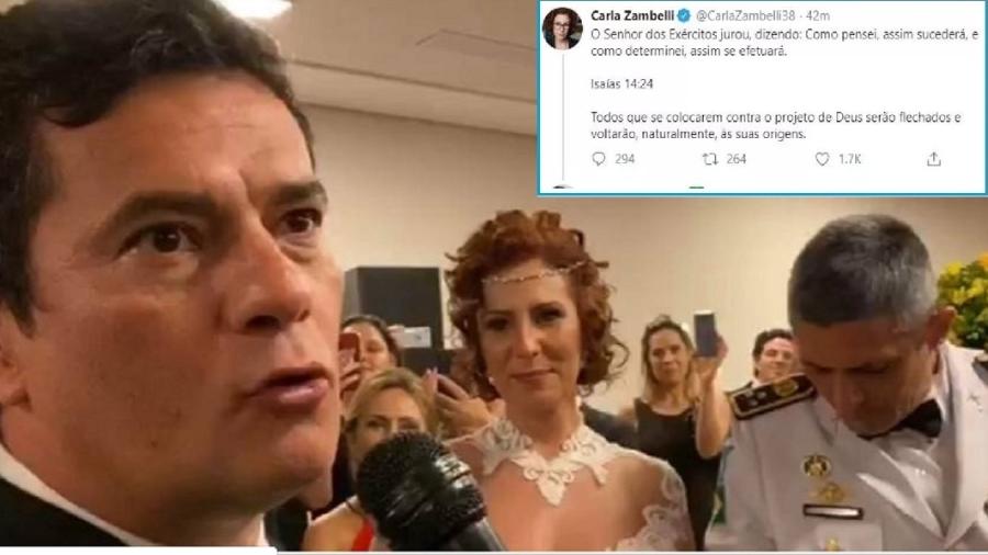 Ministro Sergio Moro, o Rei das Trevas, discursa no casamento de Carla Zambelli, a sacerdotisa da morte, e diz que ela merece, e faz sentido, uma medalha da caveira. No destaque, deputada comemora a morte de Gustavo Bebianno - Divulgação/PSL