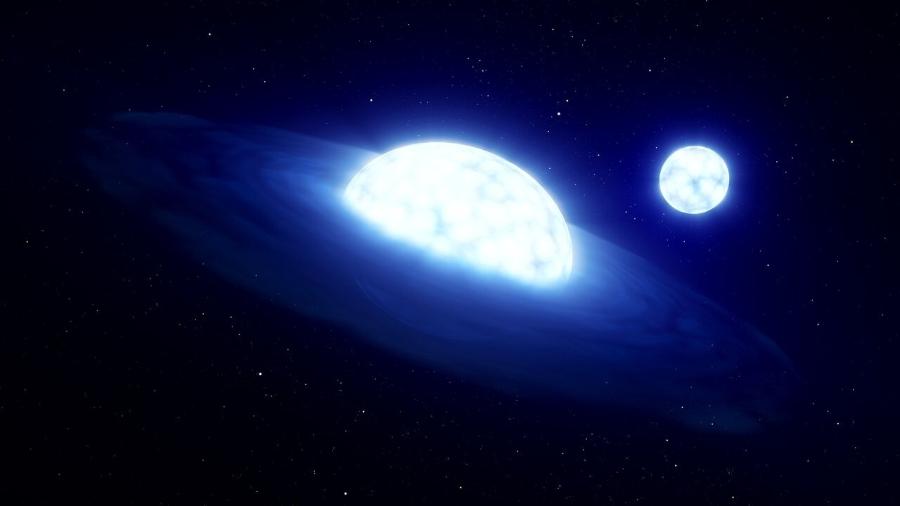 Representação artística mostra como poderia ser o sistema HR 6819, com uma estrela vampira ovalada e com um disco ao redor - ESO/L. Calçada