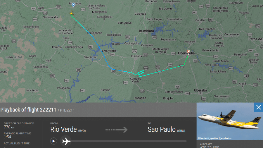 Avião saiu de Rio Verde (GO) com destino a Guarulhos (SP), mas pousou em Uberlândia (MG)