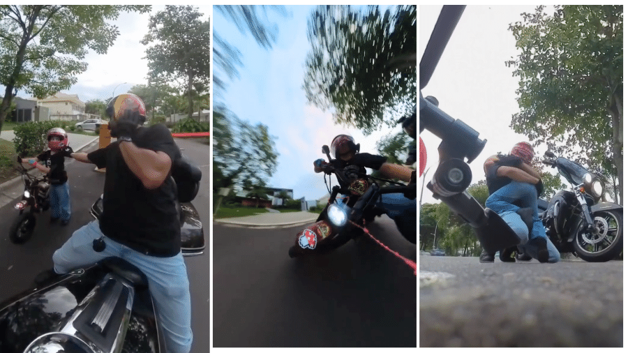 Pai, de moto, e filha em minimoto passeavam pelas ruas de um condomínio quando a criança foi surpreendida por uma lombada Pai, de moto, e filha em minimoto passeavam pelas ruas de um condomínio quando a criança foi surpreendida por uma lombada