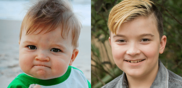 Sammy Griner, conhecido pelo meme "Success Kid", em foto que o tornou famoso, como bebê, e aos 10 anos de idade - Reperodução/Laney Griner