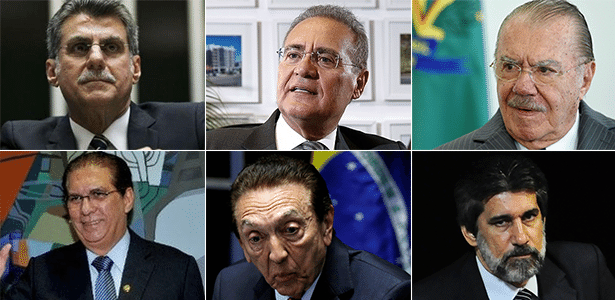 A partir do alto à esq., em sentido horário, os senadores do PMDB Romero Jucá (RR), Renan Calheiros (AL), José Sarney (AP), Valdir Raupp (RO), Edison Lobão (MA) e Jader Barbalho (PA) - Arte UOL