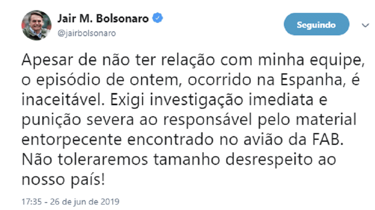 Presidente Jair Bolsonaro se manifestou sobre a prisão do sargento, em junho de 2019 - Reprodução/Twitter - Reprodução/Twitter