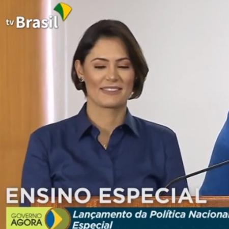 A primeira-dama Michelle Bolsonaro em evento de lançamento da PNEE (Política Nacional de Educação Especial) - Reprodução/TV Brasil