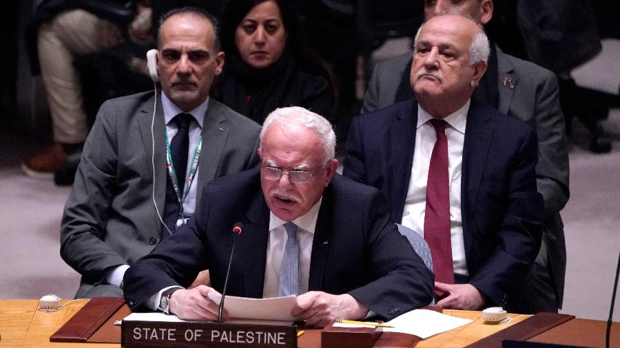 Riyad al Maliki, chanceler palestino, fala no Conselho de Segurança da ONU