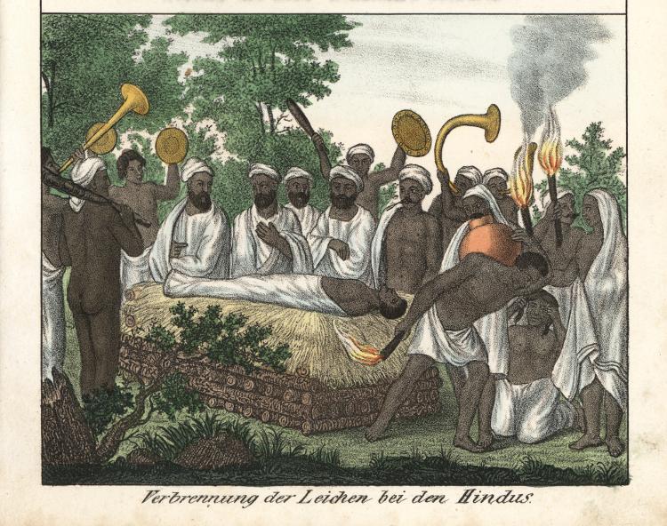 Cerimônia hindu de cremação em ilustração de 1835