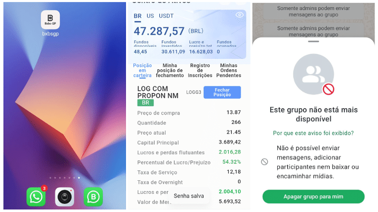 O golpe contou com a utilização de um aplicativo de celular dedicado e um grupo de mensagens no WhatsApp